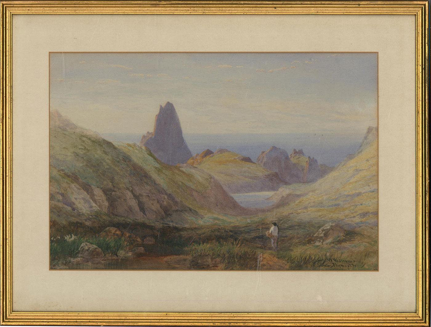 An accomplished watercolour painting attributed to the English landscape painter Walter Williams. The scene depicts a sea view from the cliffs in Plymouth with a figure. Location inscribed below signature to the lower right-hand corner. Presented in