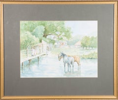 20th Century Watercolour - Horse Watching