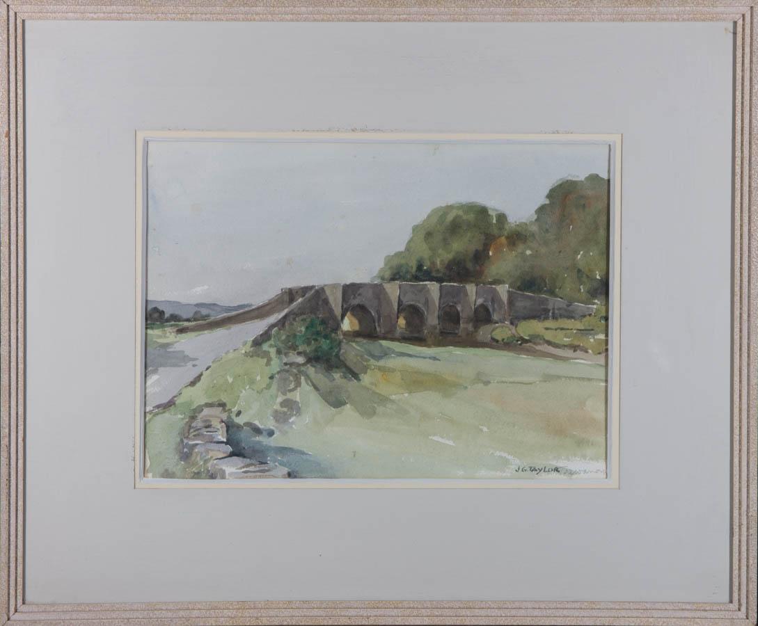 Smooth, fluid watercolours capture a bridge passing over a river in the beautiful Cornish countryside.

Signed in the bottom right-hand corner.

Well presented in a white wood frame with a light blue mount.

On wove.