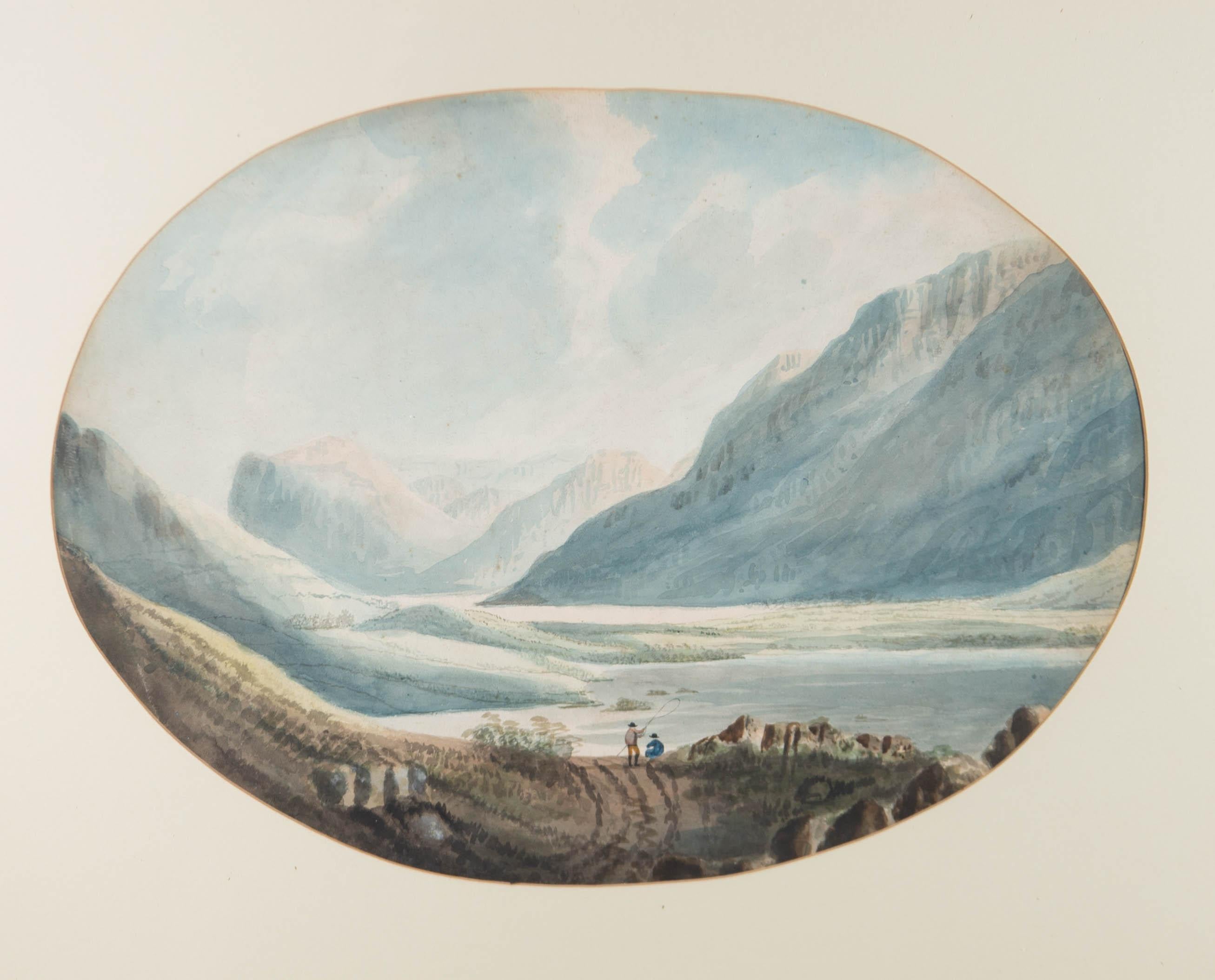 Early 19th Century Watercolour - Mountain Lake Scene - Beige Landscape Art by Unknown