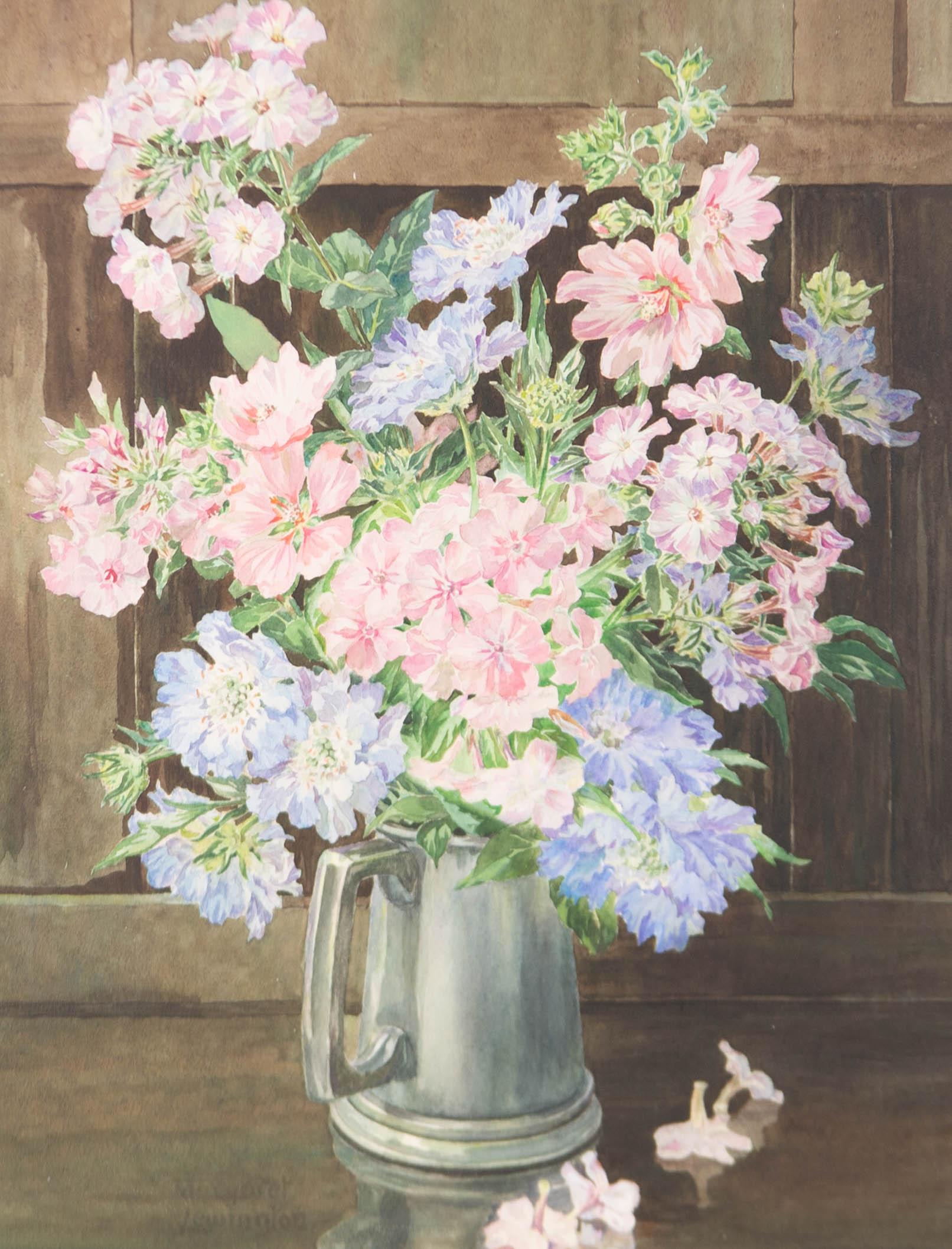 A beautiful watercolour depicting an arrangement of wildflowers in a metal tankard.

A metal tankard holds a variety of baby blue and pastel pink wildflowers to beautiful effect. The artwork is finished to an extraordinary level of detail and is