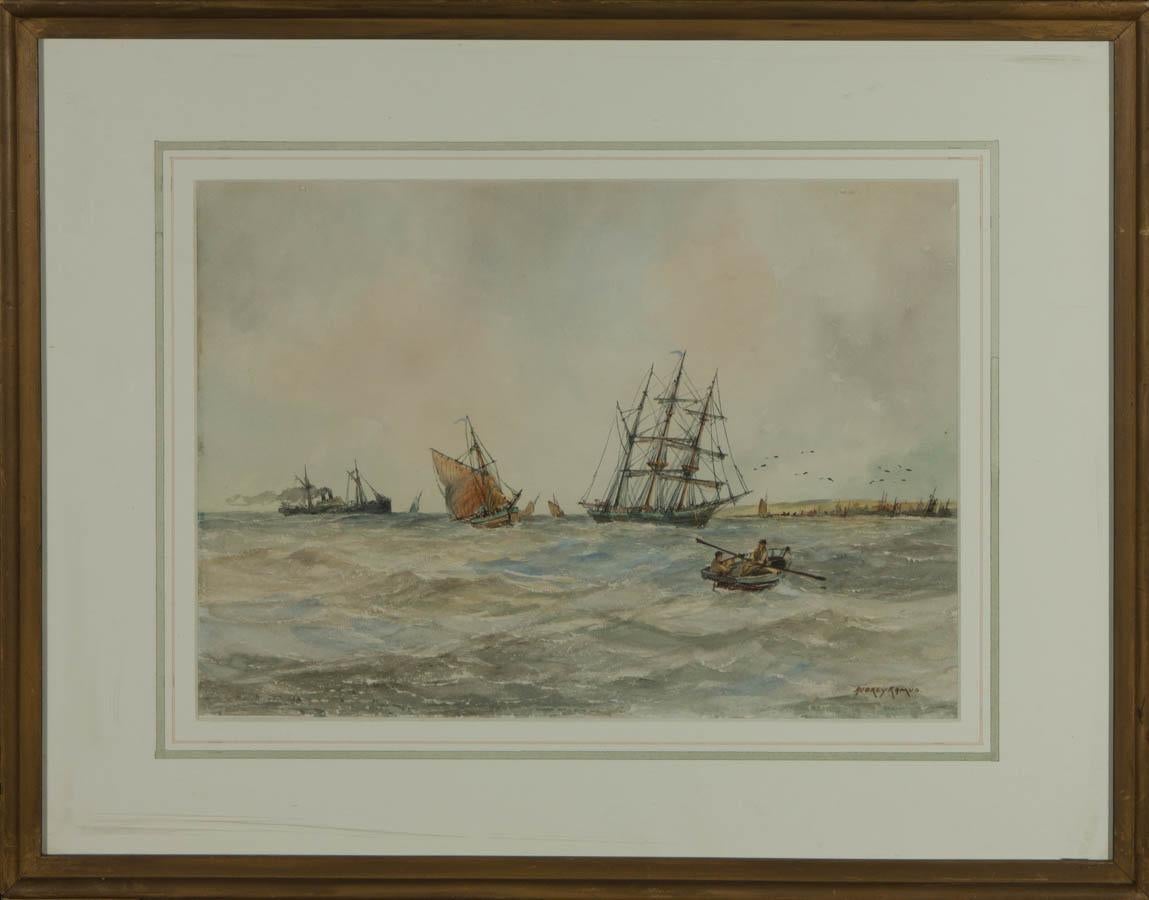 A fine and detailed watercolour painting with gouache details and areas of sgraffito by the artist Aubrey Ramus. The scene depicts several large ships at sea with two figures on a smaller boat. The delicate brushstrokes, colour palette and overall