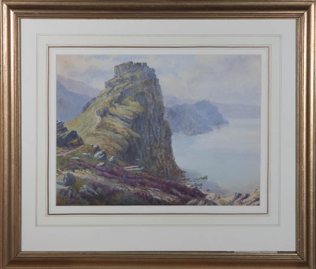 A fine dramatic view of the North Devon coast near Lynton, with Castle Rock rising into the air and coastal headland stretching beyond.

Handsomely presented in a gilt washline mount and gilt wooden frame, as shown. Signed lower left, and inscribed