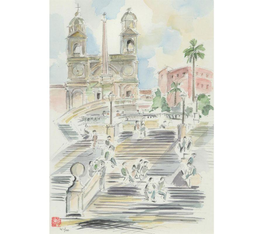 A fine and delicate watercolour painting with pen and ink by the Hong Kong born artist Wendy Yeo. The scene depicting a view of the famous Spanish Steps in Rome, Italy. Signed to the lower left-hand corner. Well-presented in a white card mount and