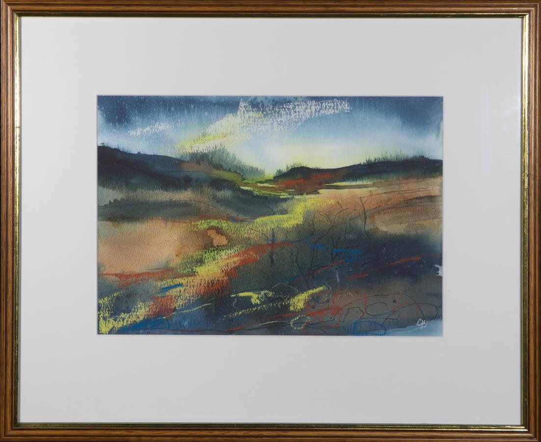 A captivating watercolour painting with pastel details, depicting a landscape scene. Monogrammed 'G.B.' to the lower right-hand corner. Well-presented in a white card mount and in a wooden frame with gilt detail. On watercolour paper.

