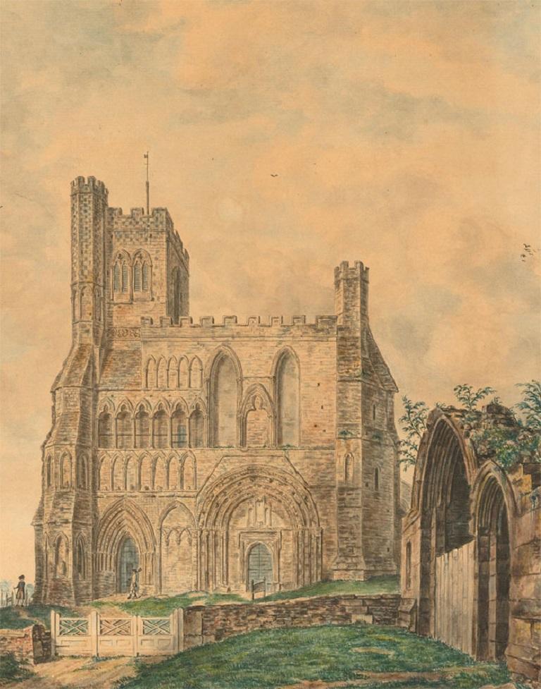 Ein wunderbares Originalwerk des bekannten Architekten und Aquarellisten John Carter FSA (1748-1817) aus dem Jahr 1780, das die Westfassade des Priorats Dunstable, einer Augustinerkirche aus dem 12. Jahrhundert in Bedfordshire, England, zeigt.