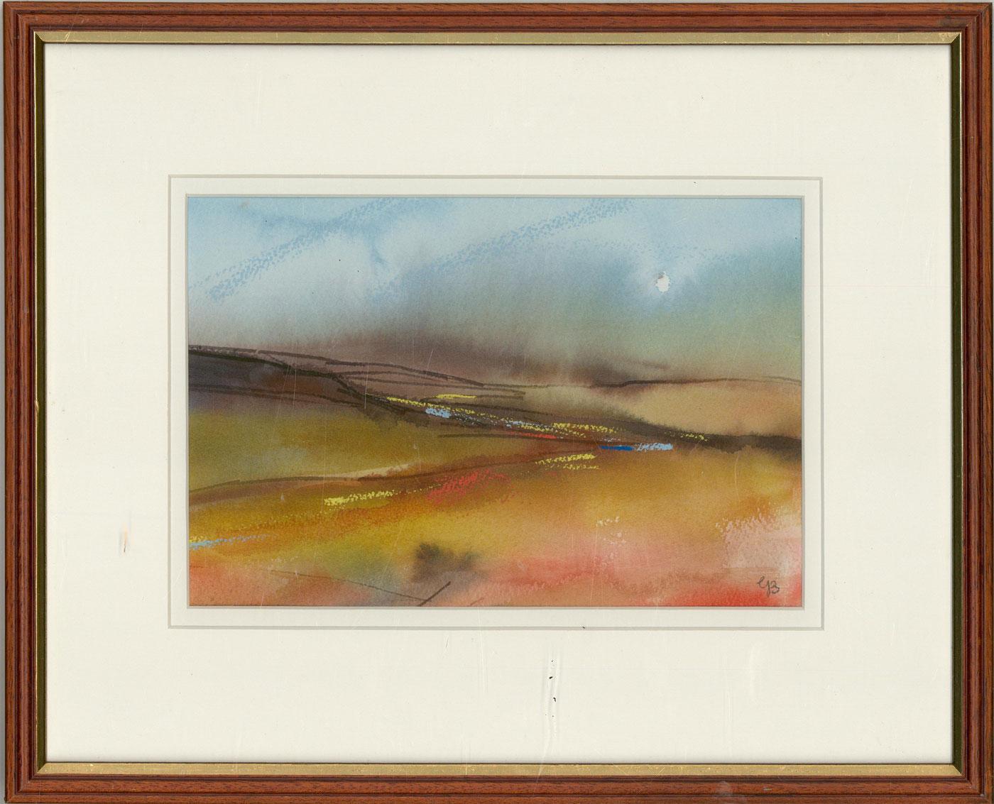 A captivating watercolour painting with pastel details, depicting an abstract representation of a landscape. Monogrammed 'G.B.' to the lower right-hand corner. Well-presented in a double card mount and in a wooden frame with a gilt effect detail.
On