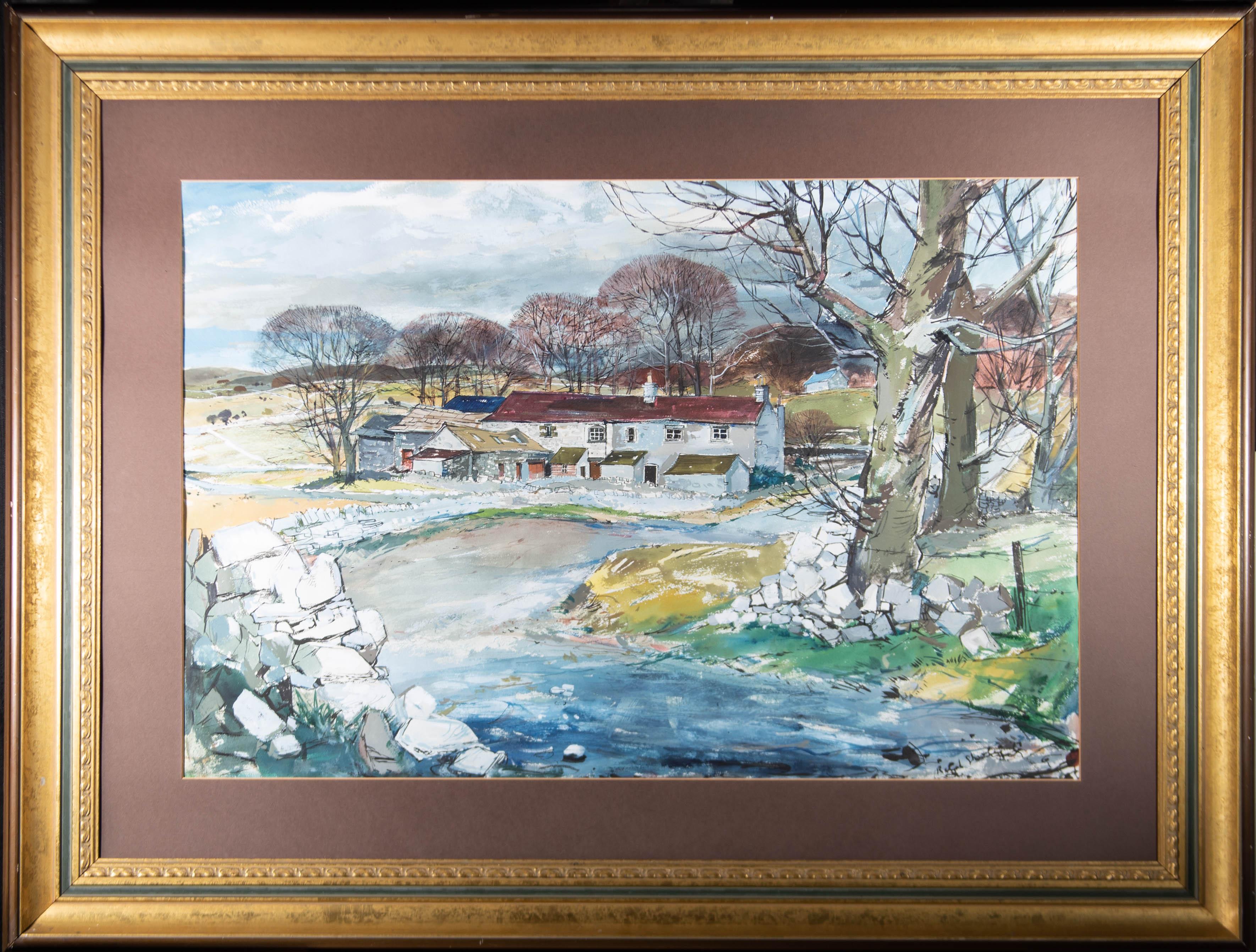 Unknown Landscape Art - Large Framed 1967 Gouache - A Farm in the High Peak, Derbyshire