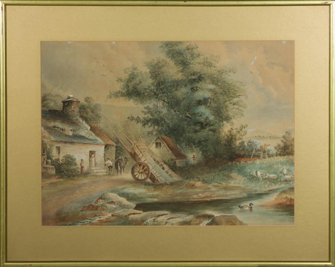 Landscape Art de Unknown - Acuarela de principios del siglo XX - Escena rural con figuras y carro de caballos