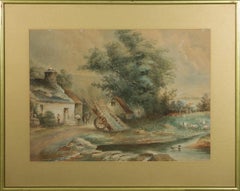 Vintage Early 20th Century Watercolour - Rural Scene with Figures and Horse Cart