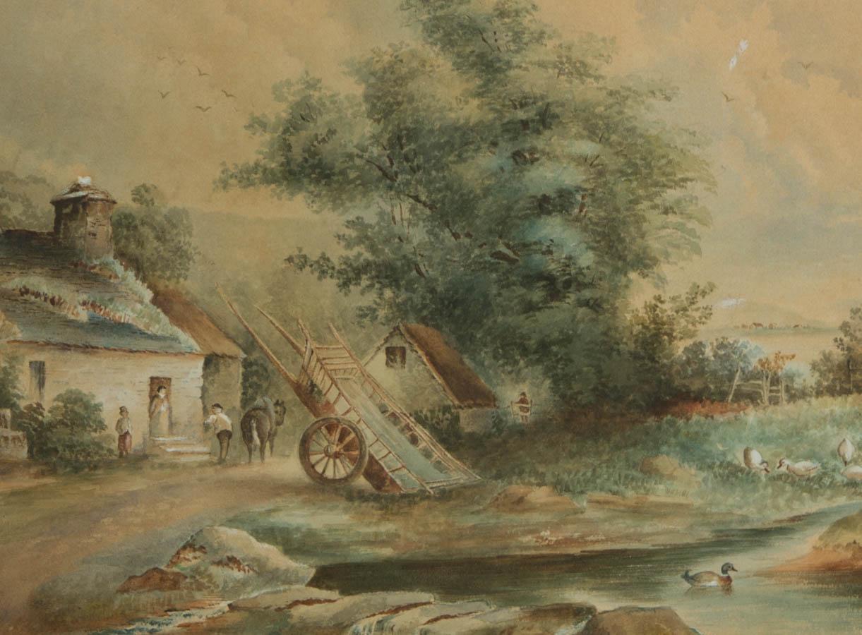 Acuarela de principios del siglo XX - Escena rural con figuras y carro de caballos - Art de Unknown