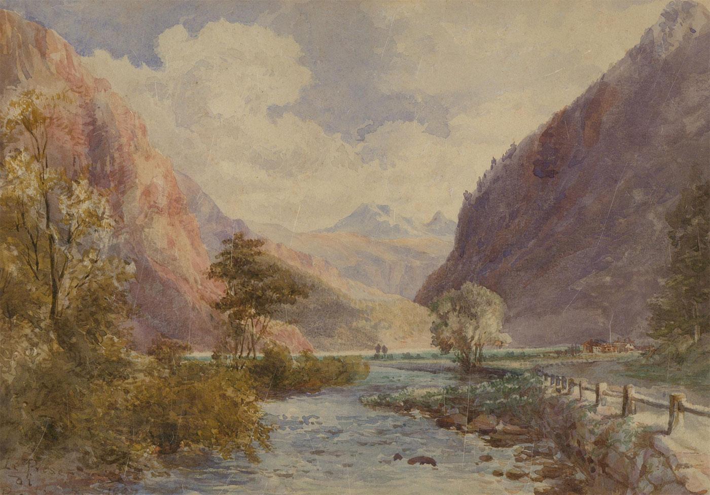 Aquarelle 1887 - Le Prese di Poschiavo, Suisse - Marron Landscape Art par Unknown