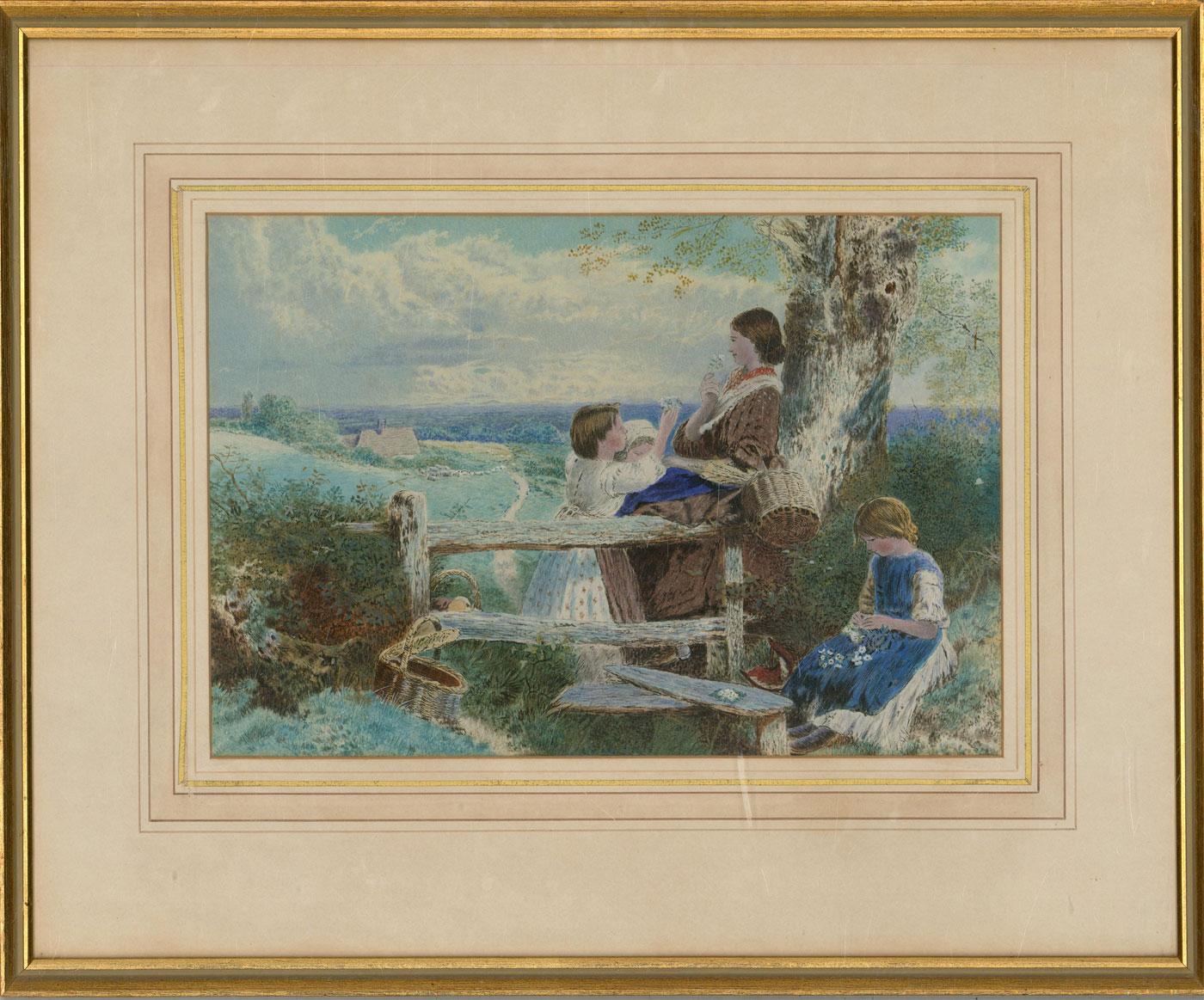 A charming watercolour finished with graphic black hatching, showing a woman and three young girls resting on a style overlooking a beautiful valley. The woman and young girls are smiling and smelling white flowers they have picked. This wholesome