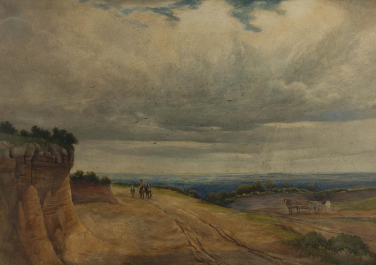 Two farmers relax in the sun whilst overlooking the best country landscape. With pristine detail, Luker captures the warm beams of sunlight escaping through the cracks in the clouds.

The painting is well presented in an ornate gilt wood frame with
