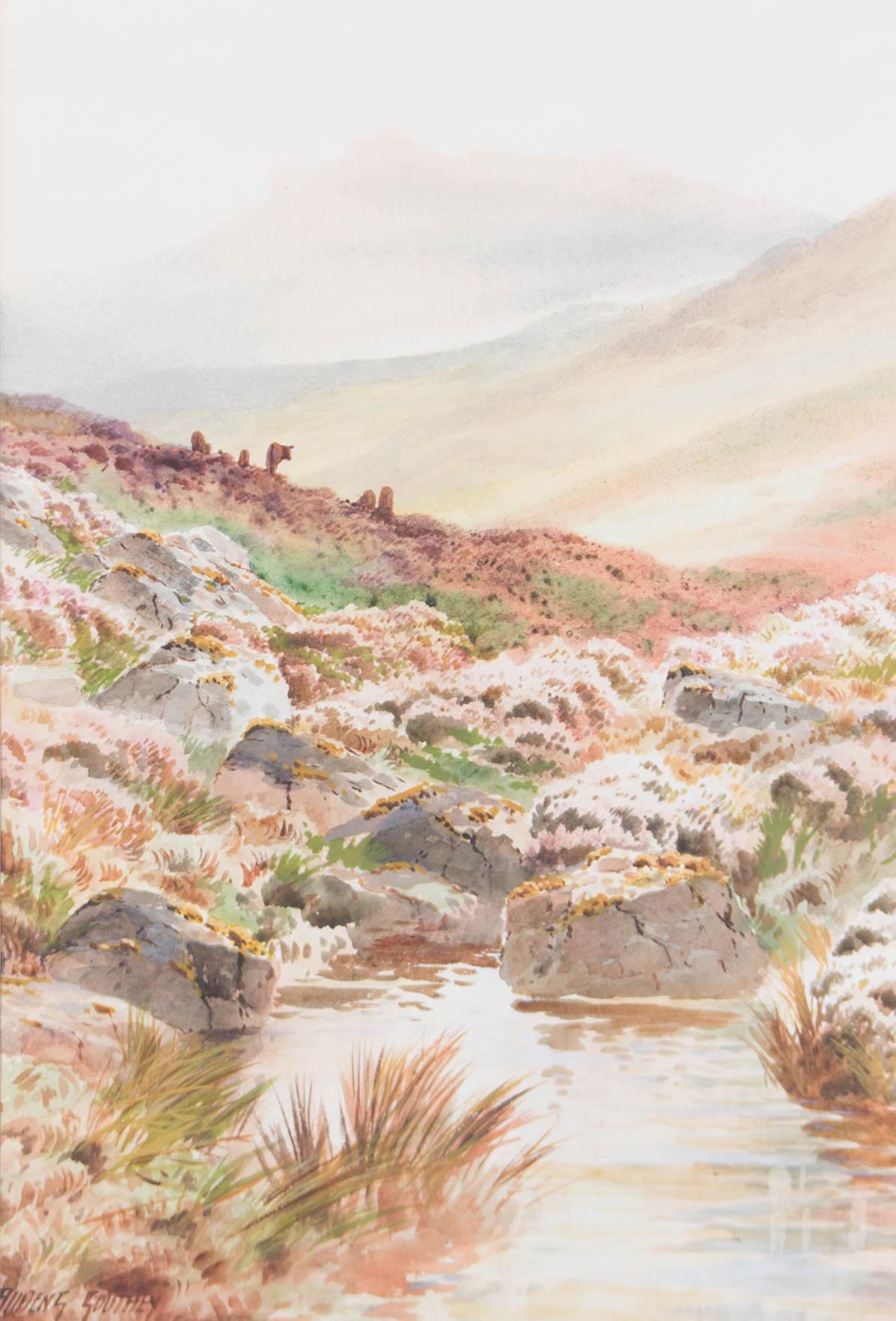 A beautiful watercolour showing cattle grazing on the slopes of the highlands in the middle ground and a pool of water surrounded by rocks and heather, reflecting the sunset in the foreground. The artist has signed to the lower left corner.

The