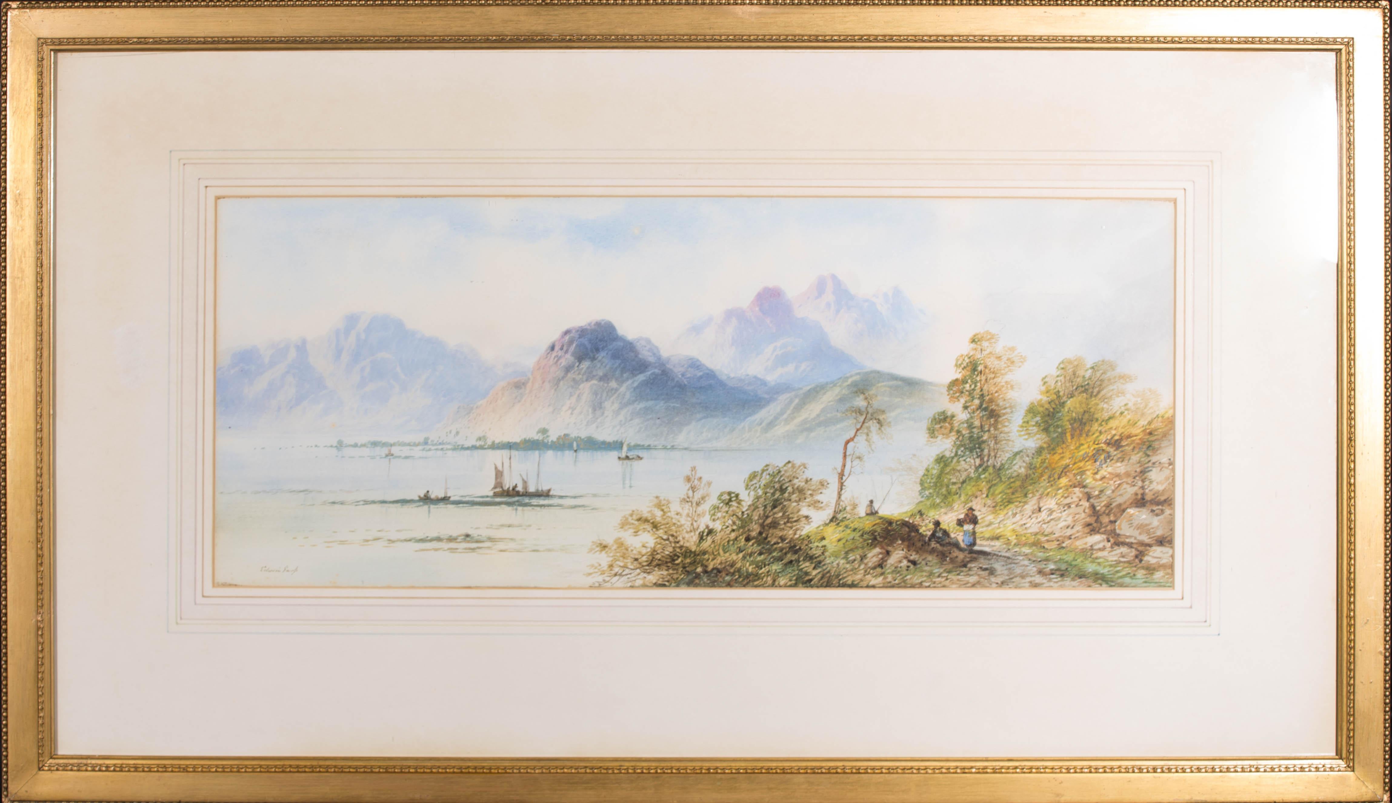 A fine and atmospheric watercolour painting with gouache details by the artist Edwin Earp. The scene depicts a view of Loch Lomond in Scotland, with fishermen, small boats and mountains in the distance. Signed to the lower left-hand corner.