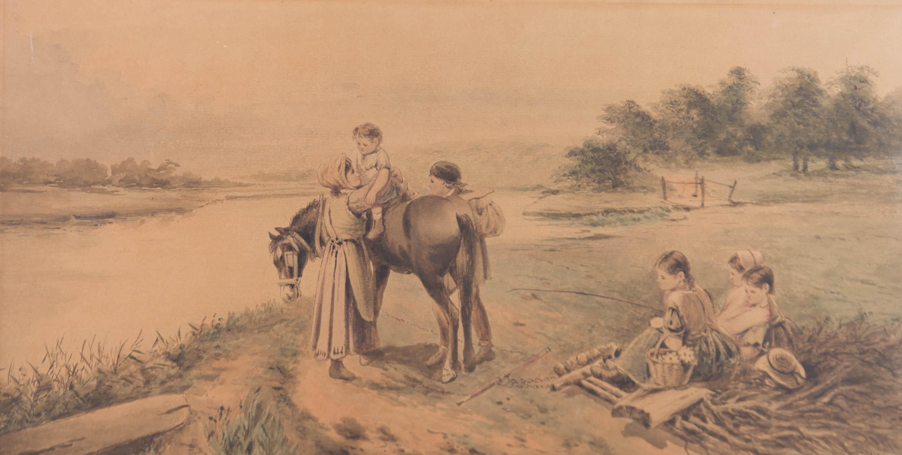 18th Century Watercolour - A Horse Ride For The Children - Art by Unknown