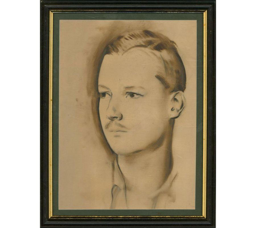 A striking portrait by the British artist ;Alfred Kingsley Lawrence RA (1893-1975). This handsome young gentleman with kind eyes and moustache could possibly be a self portrait by Kingsley Lawrence. The artist has used a mix of charcoal and ink to