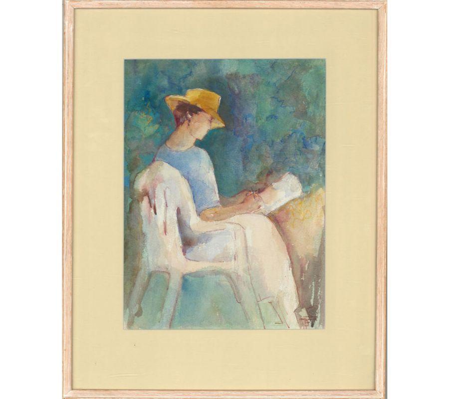 A charming and captivating watercolour painting with oil pastel and graphite details by the British artist Belinda Fitzwilliams. The scene depicts a seated female figure in a yellow hat, holding a pen and a notebook. Monogrammed to the lower