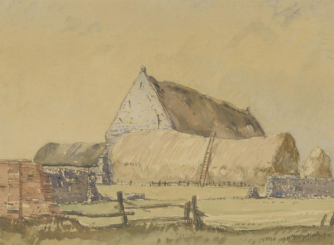 A wonderful watercolour study by the British artist Harry Morley RWS (1881-1943). Known for his watercolour studies of street scenes and classical tempura figurative paintings, this delicate portrayal of the Tithe Barn at Waxham perfectly captures