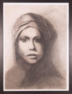 20th Century Charcoal Drawing - Pensive Female Portrait