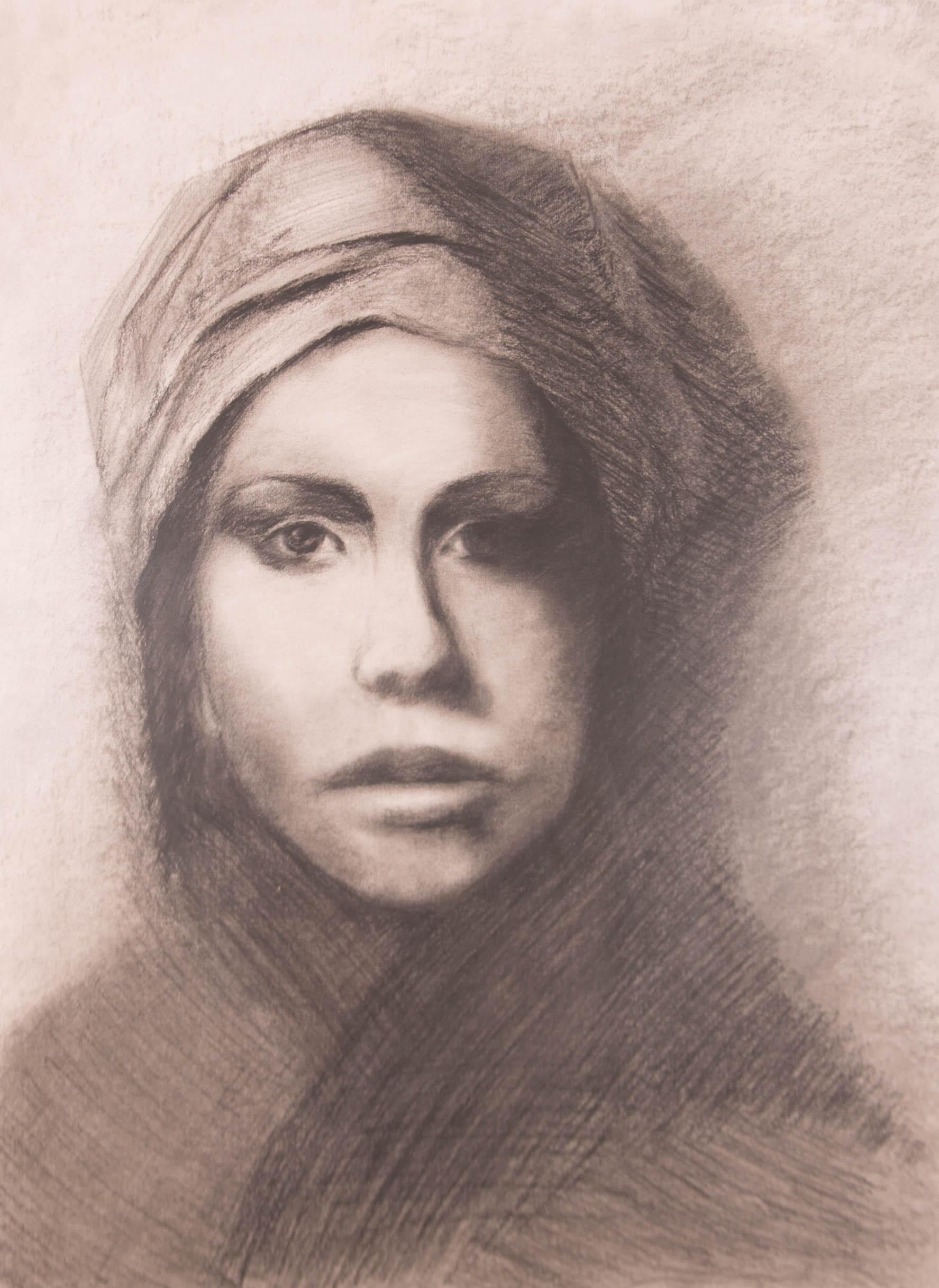 An intense charcoal portrait of a striking young woman in a headscarf.

The drawing is unsigned and presented in a glazed, black frame with a white mount.

On wove.