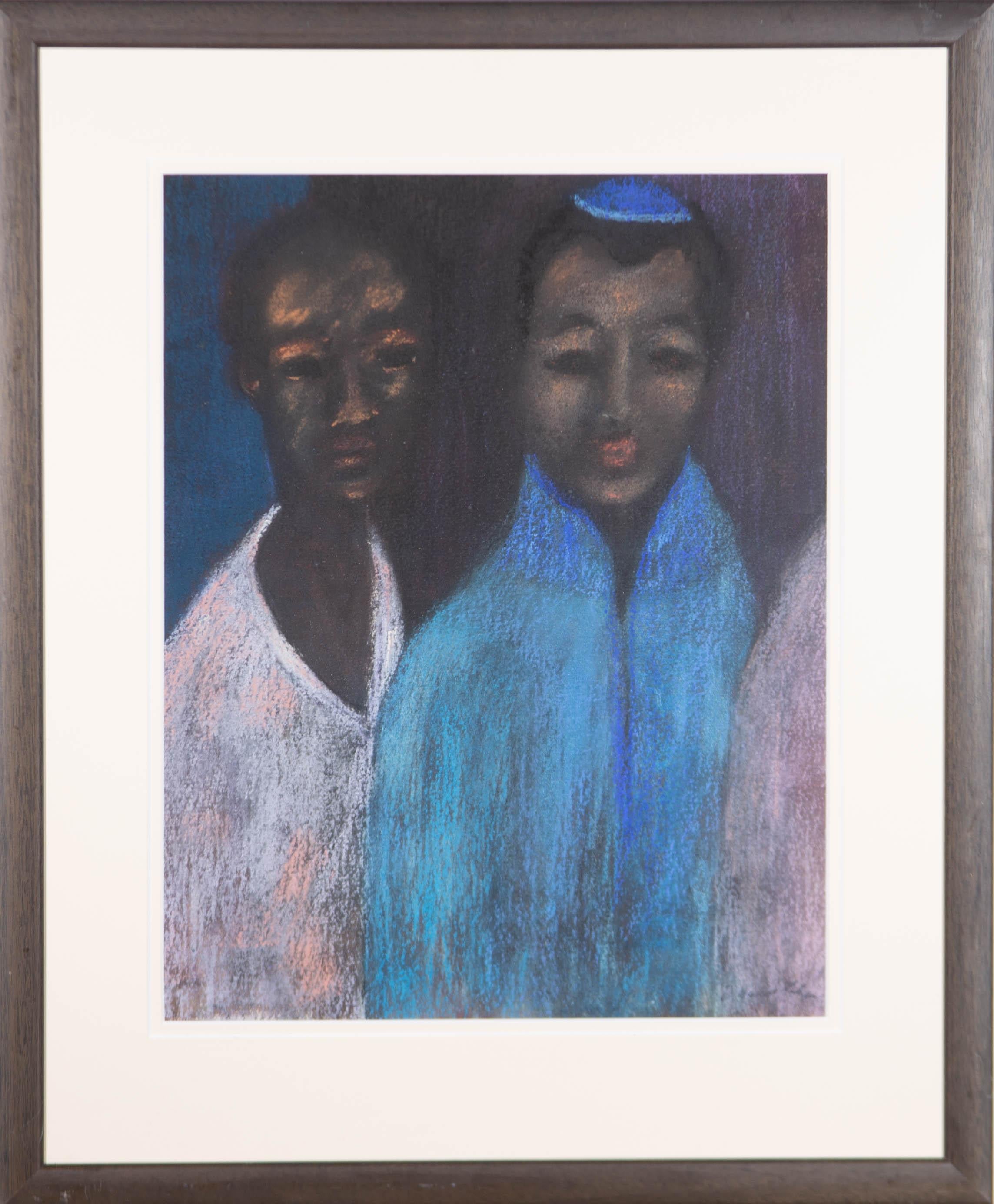 A fine pastel painting, depicting two standing figures. First name of the artist's signature is illegible. Signed to the lower right-hand corner. Well-presented in a double card mount and in a dark wooden frame. On wove.