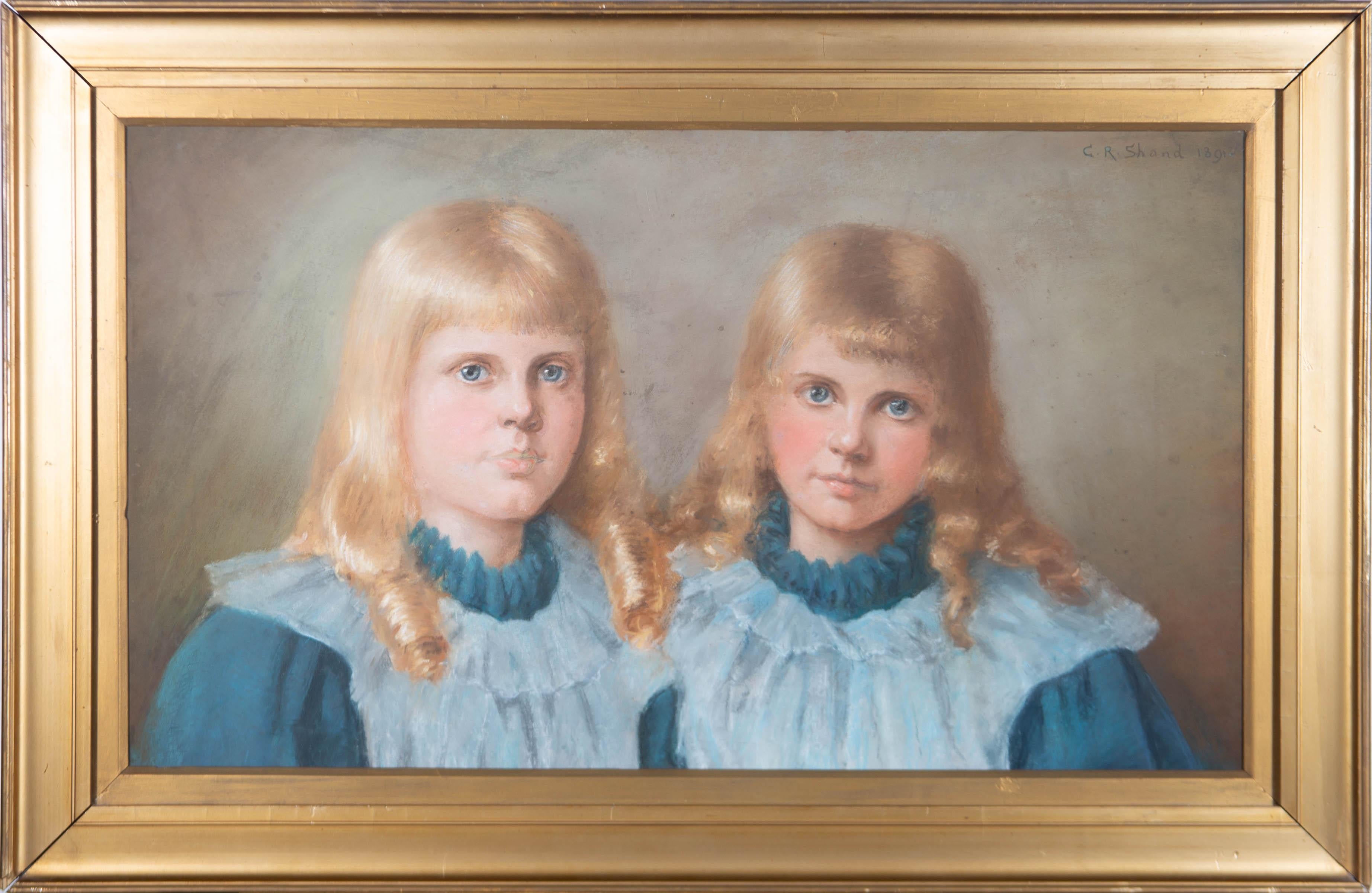 Pastels are used to render a fine portrait of two twin girls in matching blue frocks.

A remarkable portrait of two twin girls.

Signed and dated.

On wove.