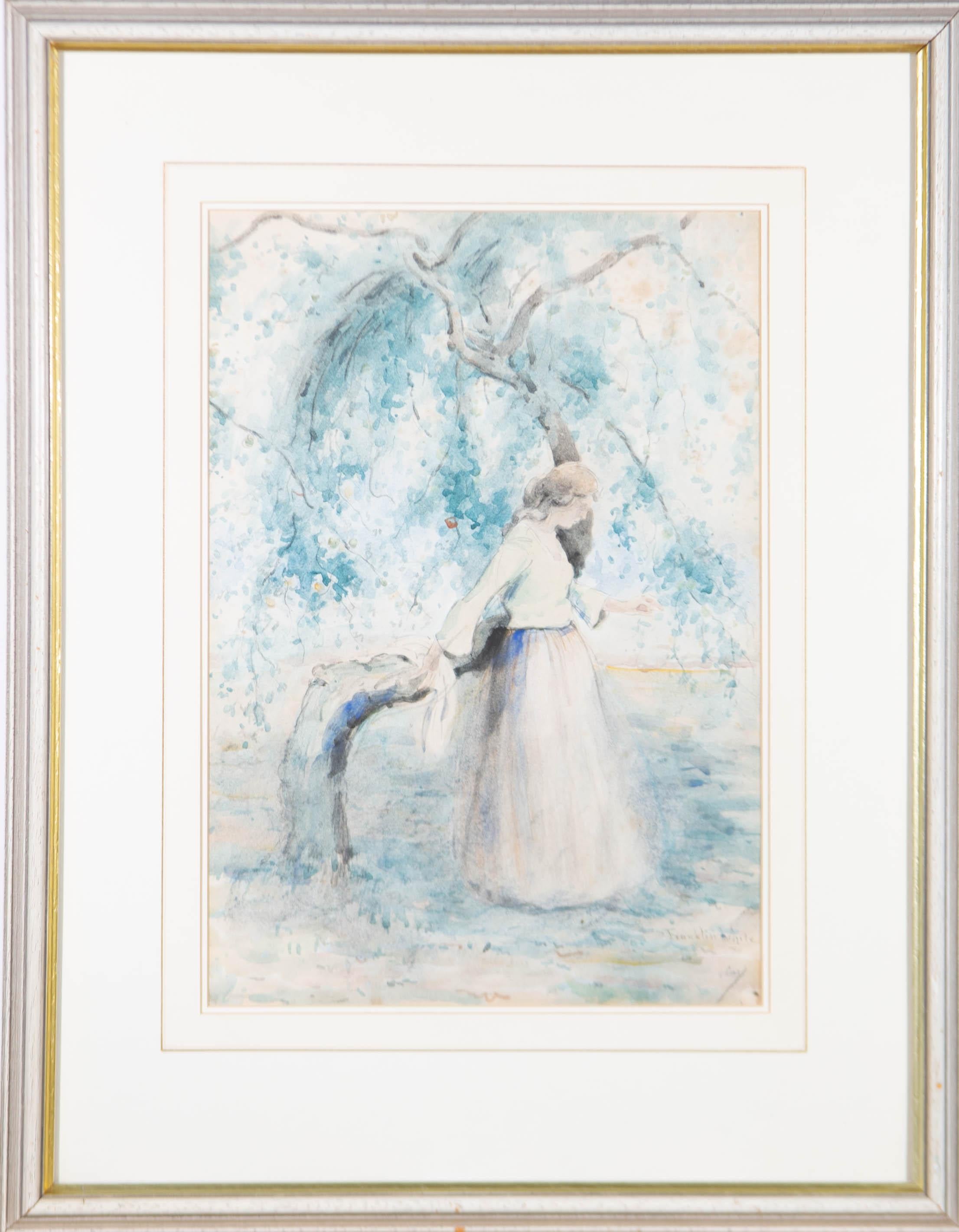 Eine zarte Aquarellstudie des Künstlers Franklin White (1892-1975), die eine junge Frau zeigt, die sich unter einem Apfelbaum ausruht. Die subtilen Farben und der zarte Farbauftrag sind typisch für Whites Stil und verleihen der Komposition etwas