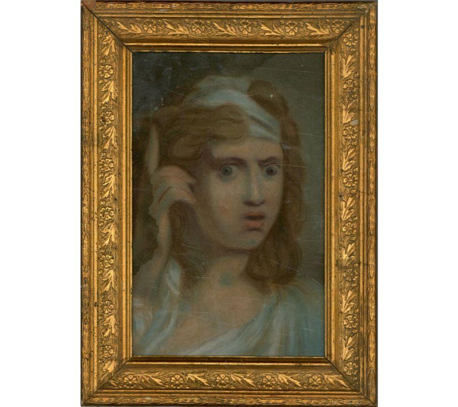 Ein auffälliges Pastellporträt, das eine junge Frau in Not zeigt. Das Porträt scheint von Caravaggios 