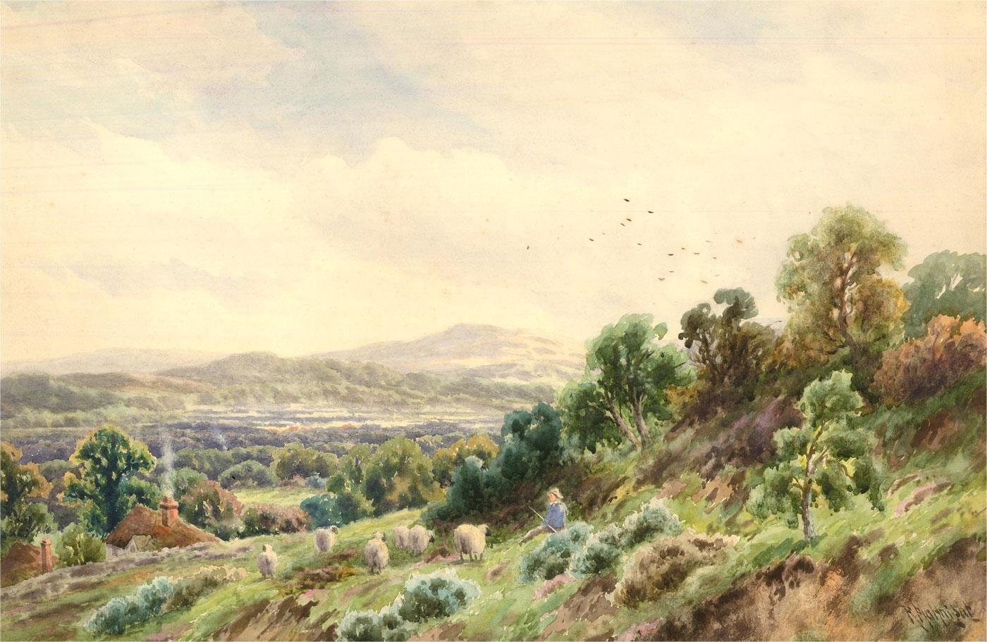A charming watercolour view of Hind hill, Surrey from Sandhills. A shepherd rests, while watching his flock grazing on the hillside pasture. The artist has signed to the lower right corner and the painting is on wove laid to board. There are various