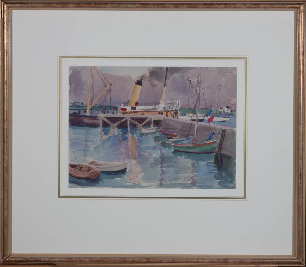 Un meraviglioso acquerello dei primi del Novecento di Maria Sophie Ludlow (1869-1951). Qui l'artista ha immortalato un affollato porto di traghetti a Iles des ; Lerins. I colori audaci utilizzati e le forme semplici e infantili creano una