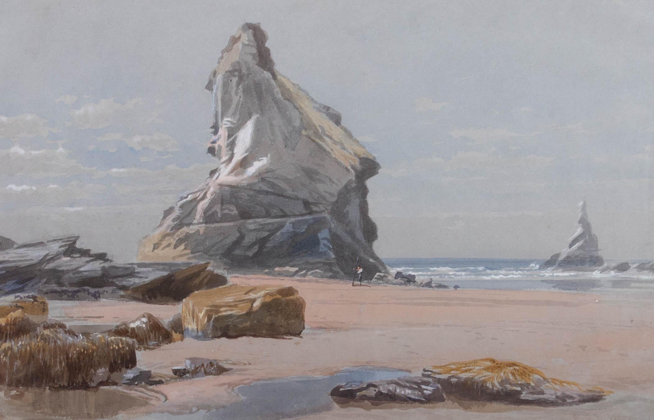A crisp and well rendered view of Queen Bess Rock and the Bedruthan steps in Newquay. The artist has signed and dated to the lower right. The painting has been presented in a gilt frame with white mount. On wove.
