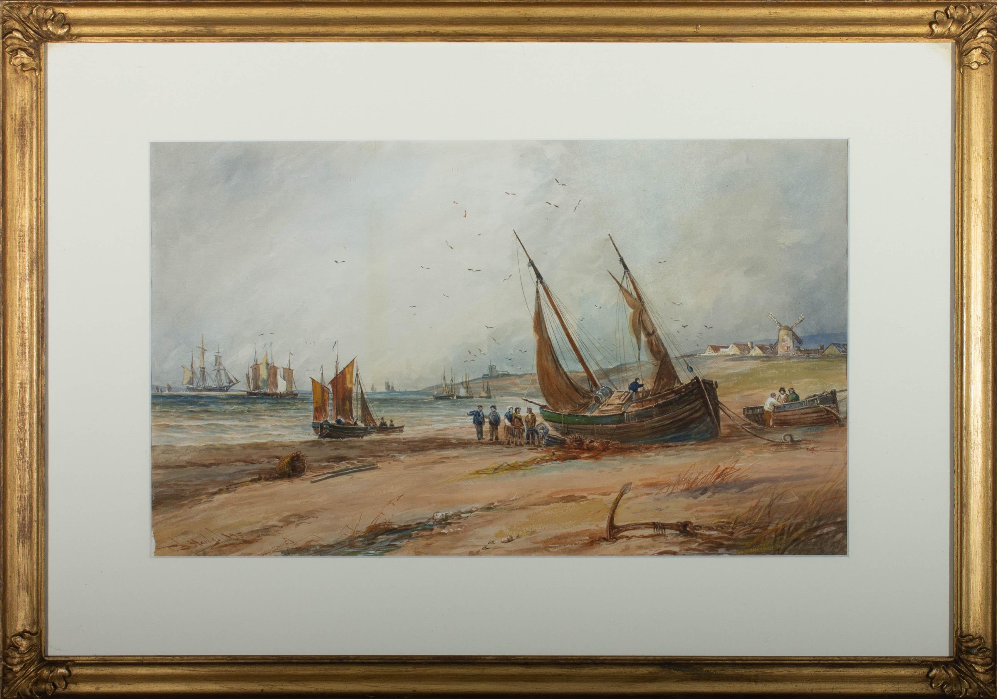 A bustling coastal scene with a beached fishing boat in the foreground and larger ships at sea to the left of the composition. Presented in a clean white mount and a distressed gilt-effect wooden frame with acanthus leaf detailing to the corners.