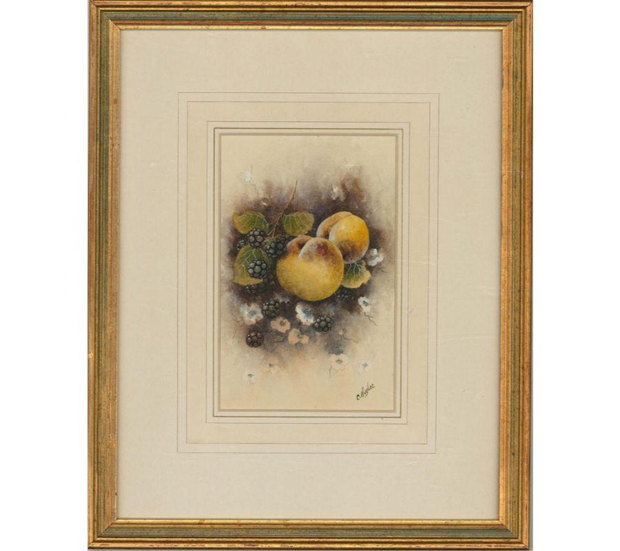 A fine watercolour painting with gouache details by the British artist Christopher Hughes, depicting a still life of peaches and blackberries. Signed to the lower right-hand corner. Well-presented in a washline card mount and in a distressed gilt