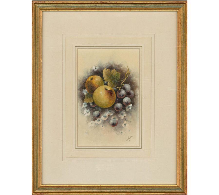 A fine watercolour painting with gouache details by the British artist Christopher Hughes, depicting a still life of apples and grapes. Signed to the lower right-hand corner. Well-presented in a washline card mount and in a distressed gilt effect