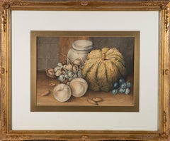 Antique E.H. - Late 19th Century Watercolour, Still Life with Grapes and Pumpkin