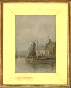 Framed 1913 Watercolour - Busy Harbour Scene