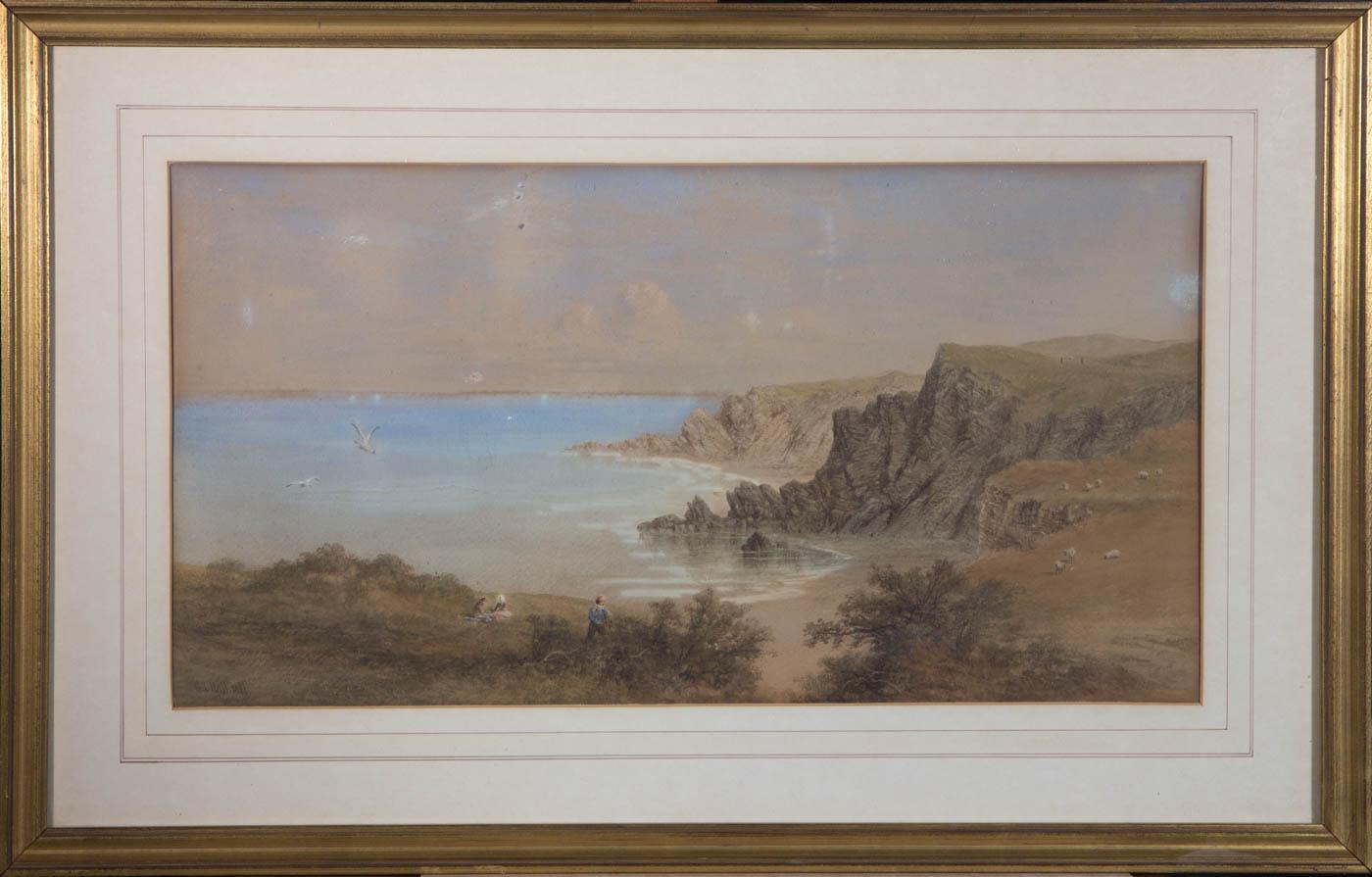 A fine watercolour painting with gouache highlights by the British artist George Lothian Hall. The scene depicts a view from the cliffs with figures and sheep in the distance. Signed and dated to the lower left-hand corner. Well-presented in a
