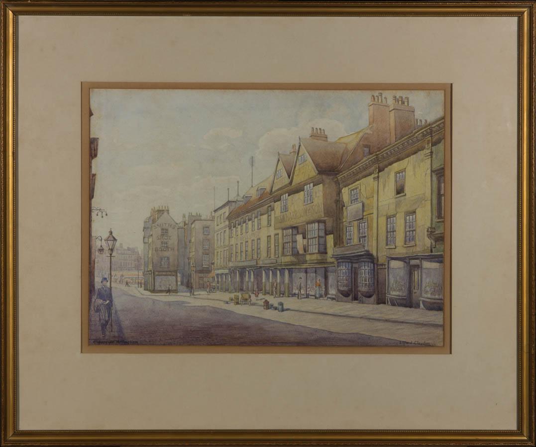 A very fine watercolour street scene of Nottingham high street. This area of Nottingham is now demolished. Well presented in a double card mount and gilt effect frame. Deal, Walmer & Kingsdown exhibition label to the reverse. Inscribed with the