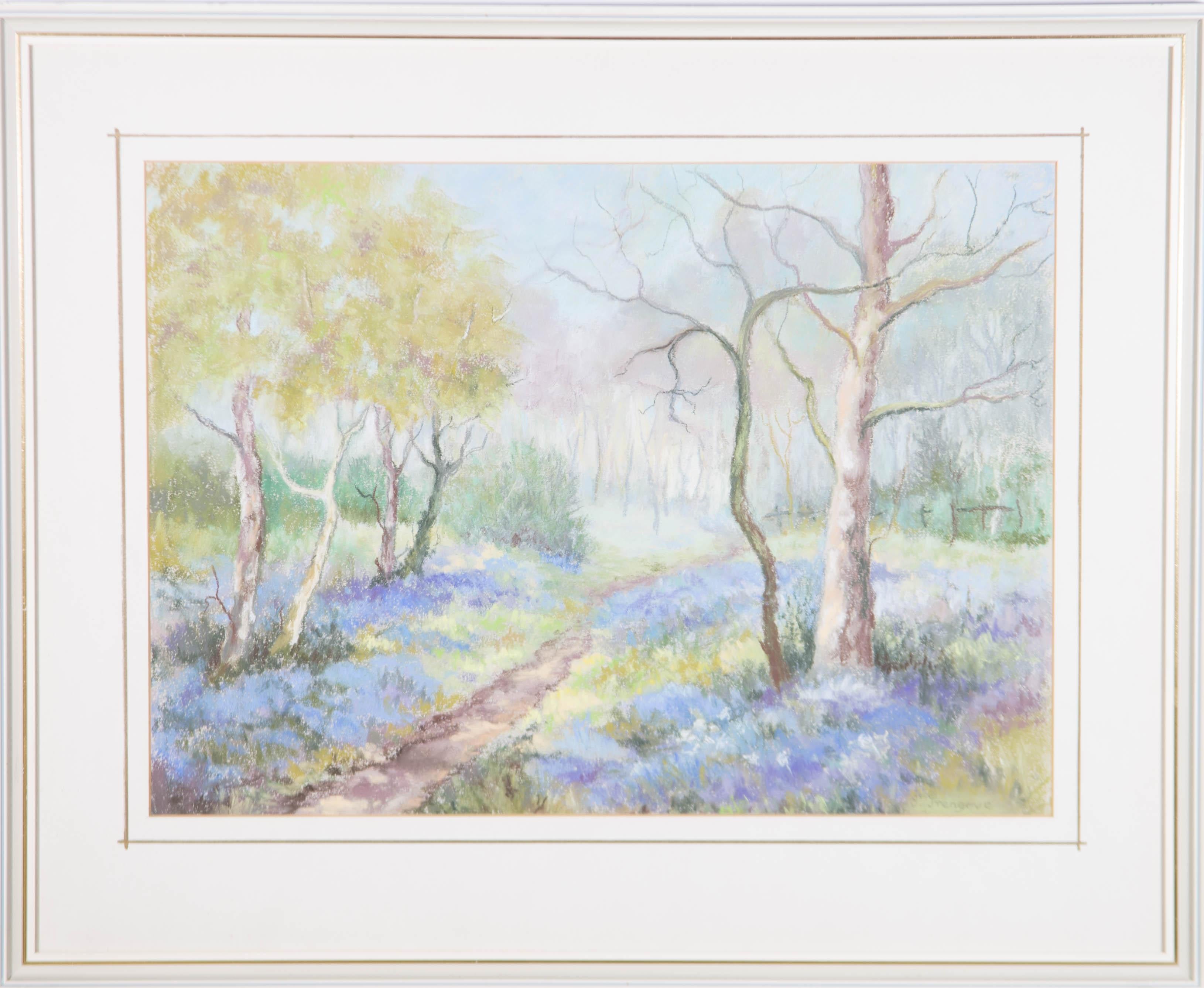 A delightful pastel painting by Phyllis D. Trengove, depicting a woodland scene with bluebells. Artist's label to the reverse. Signed to the lower right-hand corner. Well-presented in a washline card mount and in an off-white frame with gilt detail.