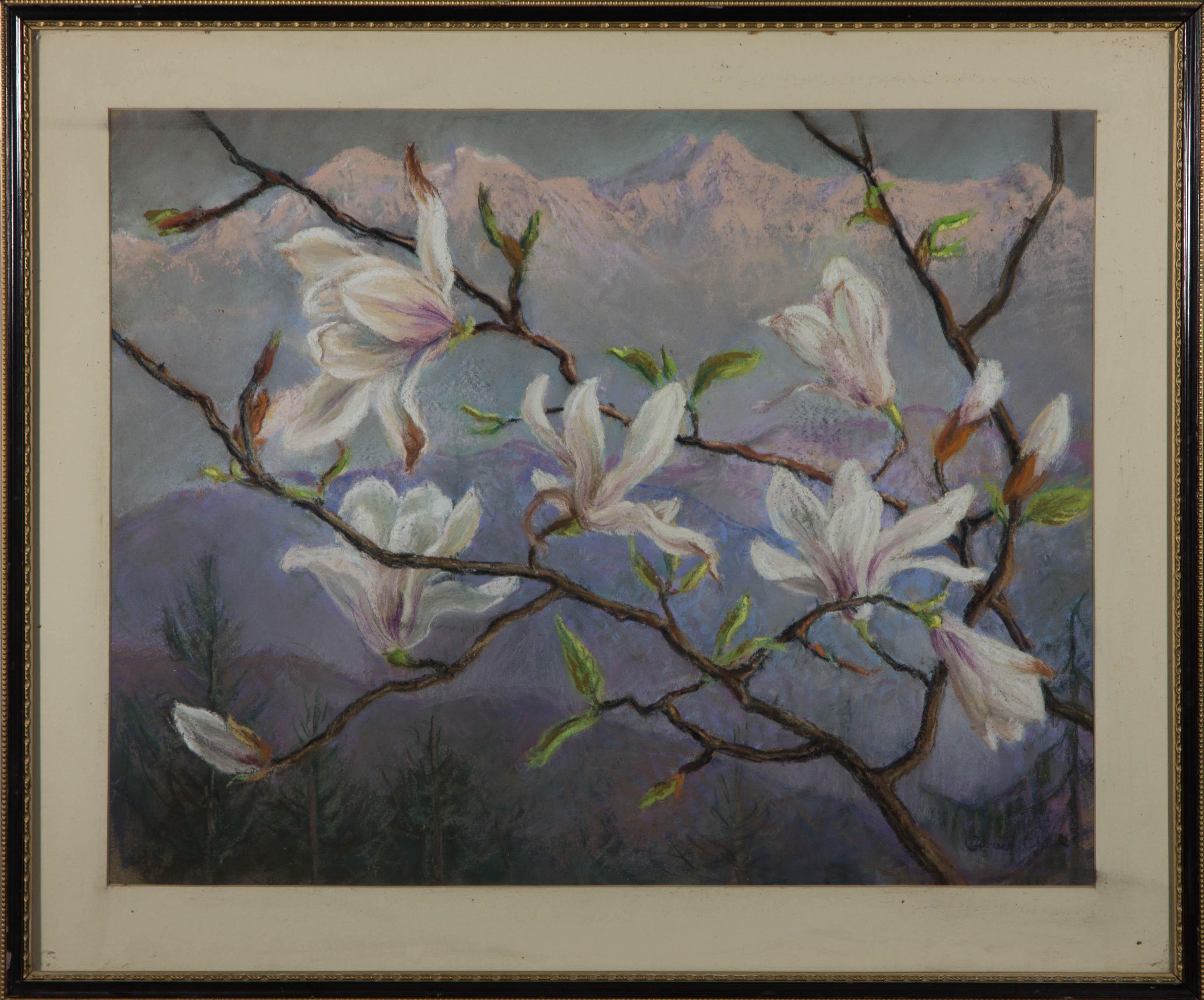 Still-Life Unknown - Pastel du XXe siècle - Vue avec Magnolias