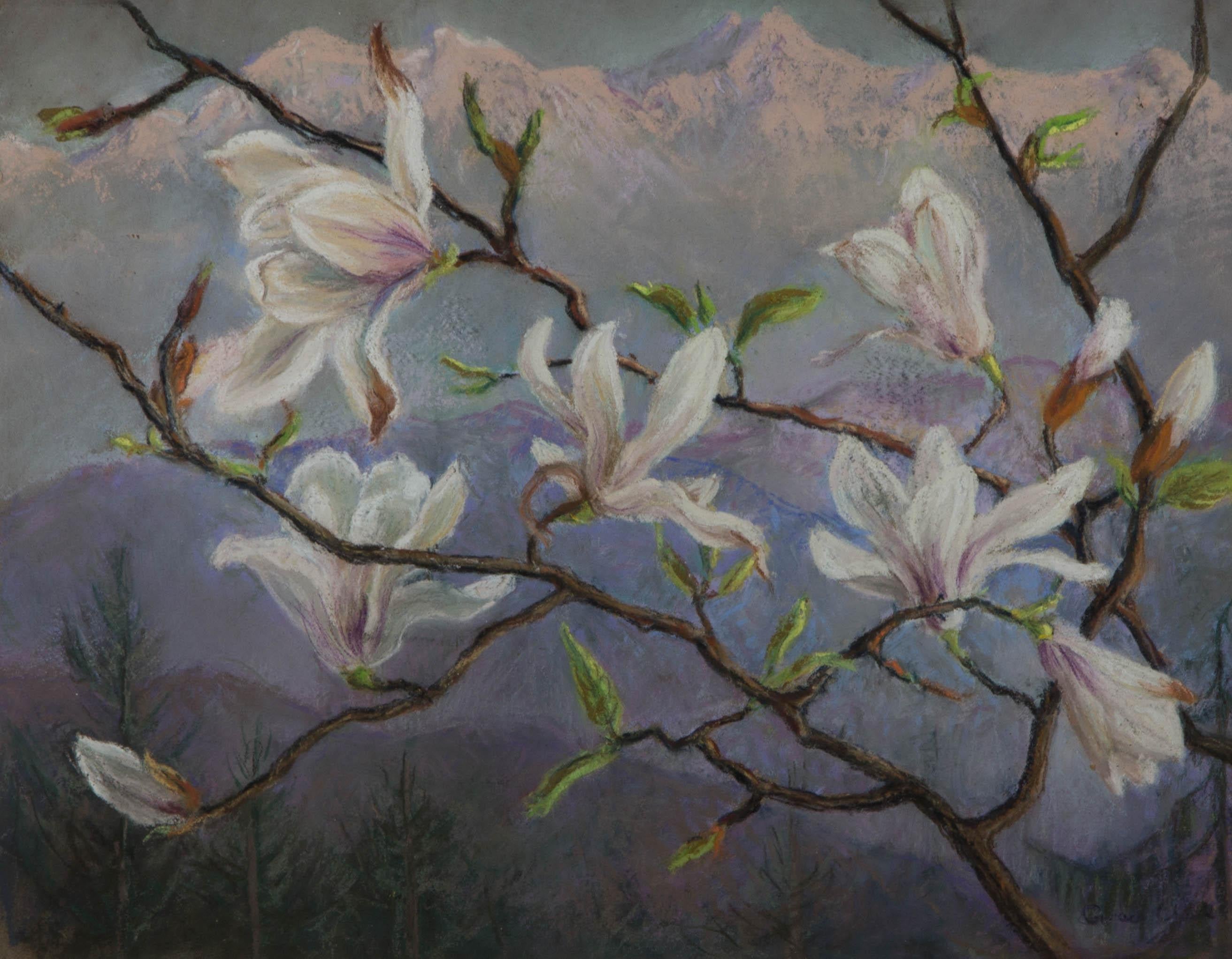 Pastel du XXe siècle - Vue avec Magnolias - Art de Unknown