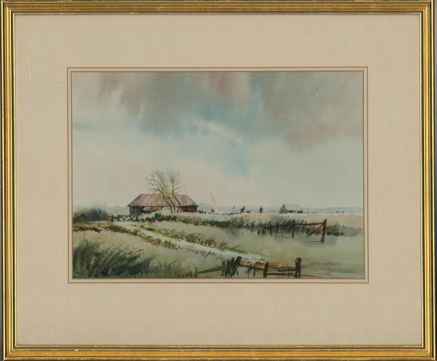 A charming watercolour painting by Keith Johnson, depicting a landscape scene with figures, a dog and farm houses in the distance. Signed to the lower right-hand corner. Well-presented in a double card mount and in a gilt effect frame. On