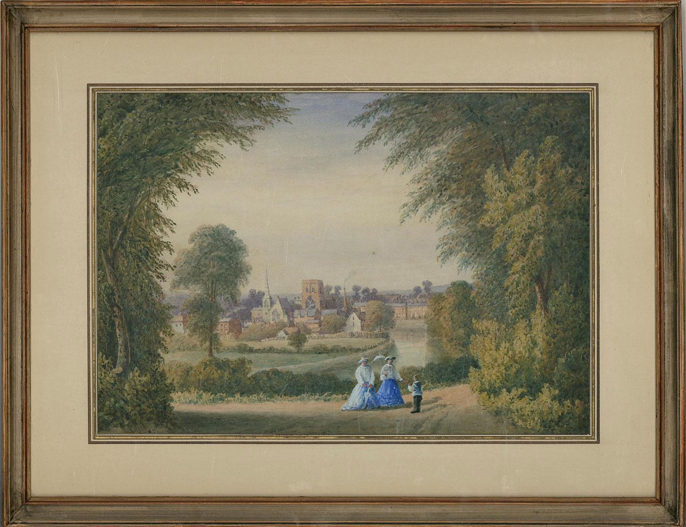 A charming and captivating watercolour painting with gouache details, depicting a landscape scene with figures strolling through a path with trees and a town in the distance. Well-presented in a washline card mount and in a distressed wooden frame.