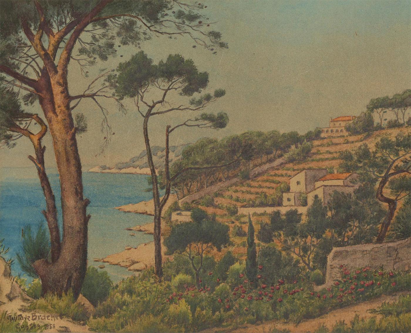 Gustave Braehert Cassis - 1958 Watercolour, Rural Italian Coastal Scene For Sale 2