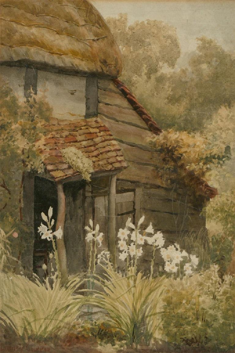 Sidney Currie (act. 1892-1930) - Watercolour, Lily Flowers by Cottage For Sale 1