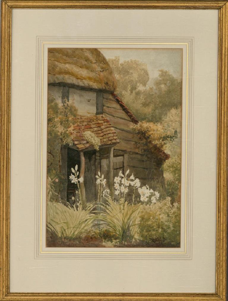 Sidney Currie (act. 1892-1930) - Watercolour, Lily Flowers by Cottage For Sale 2