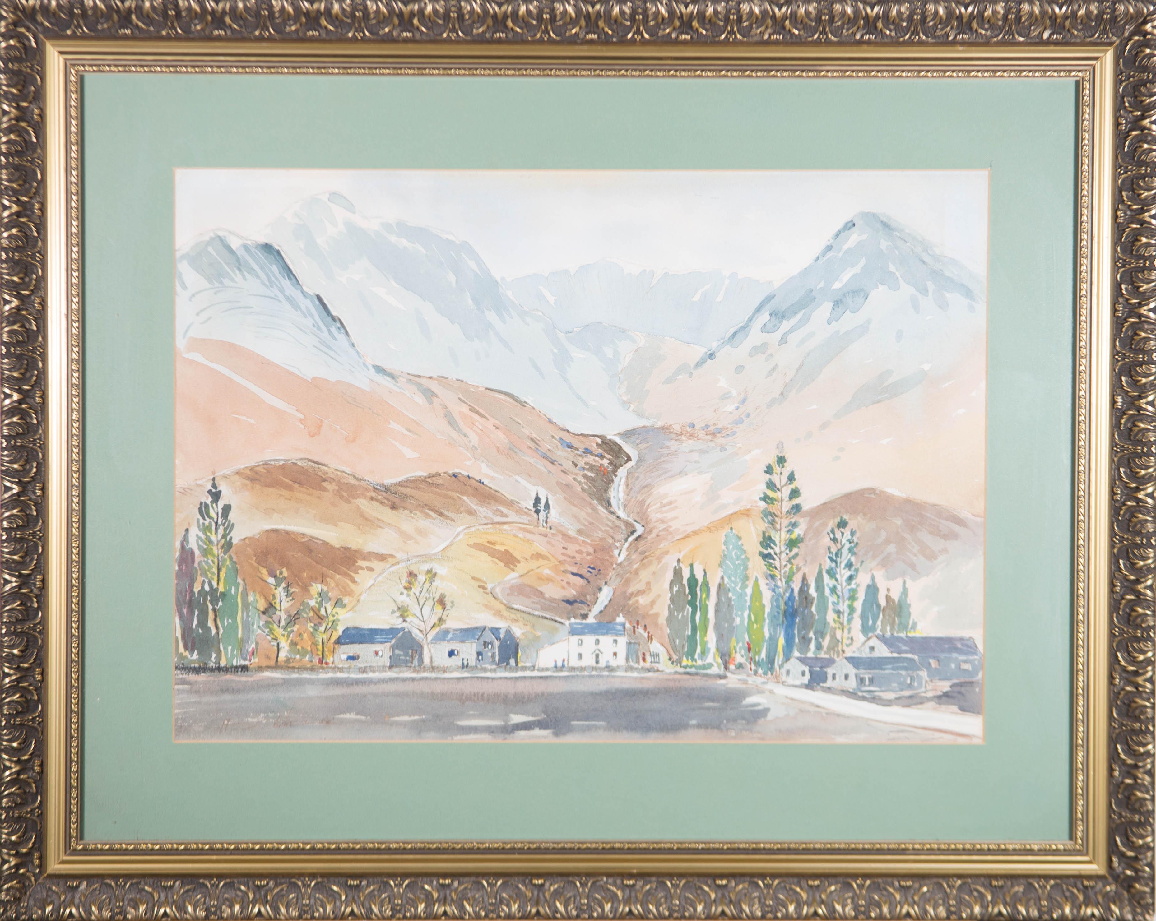 Landscape Art Unknown - Aquarelle du 20e siècle - Scène de montagne avec village