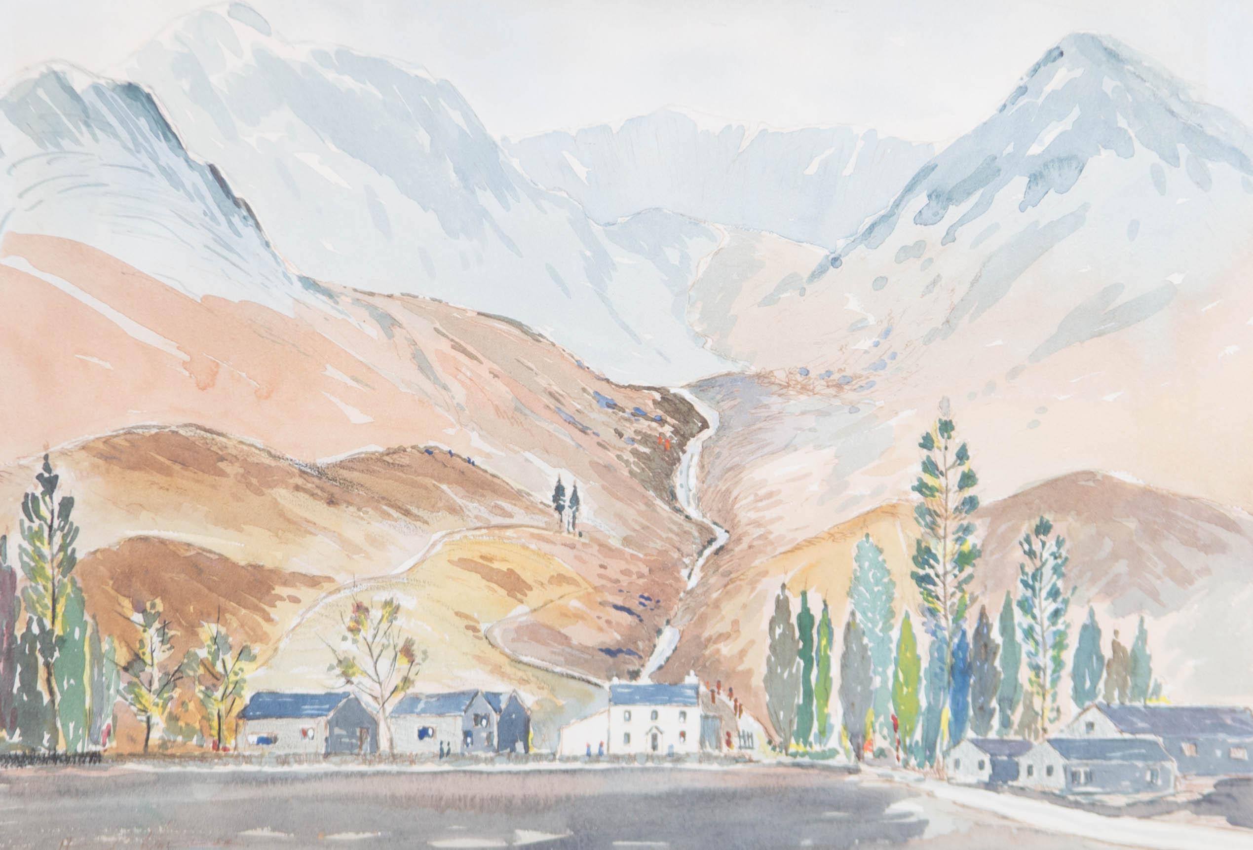 Aquarelle du 20e siècle - Scène de montagne avec village - Gris Landscape Art par Unknown